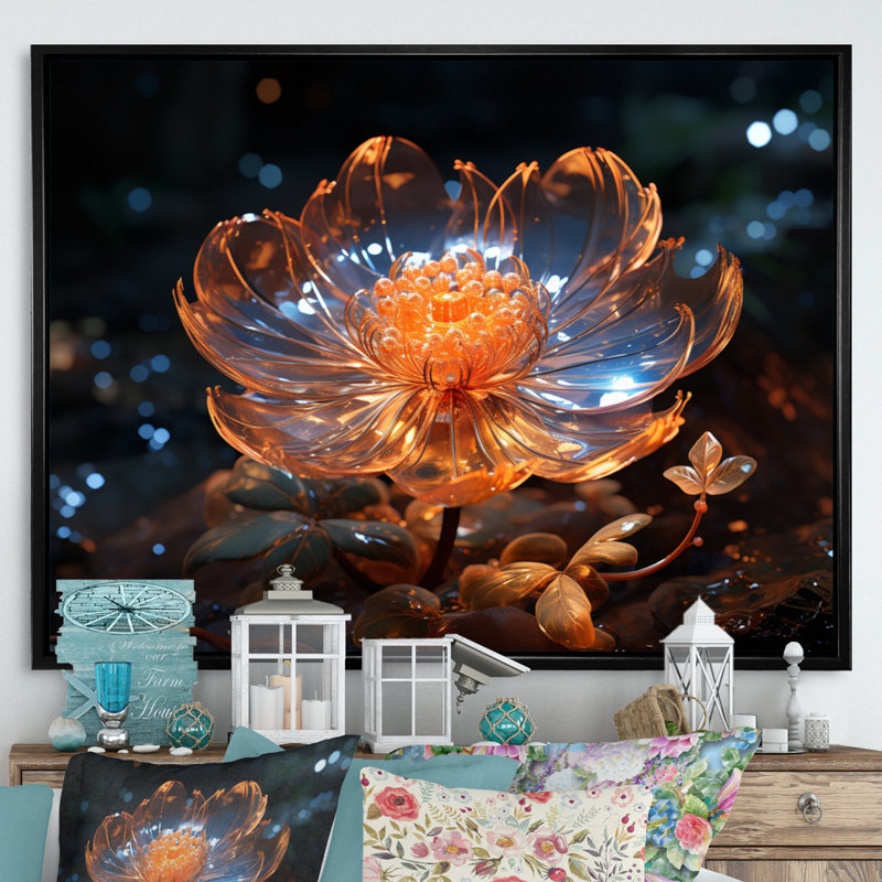 Fleurs de cristal orange III sur toile, Cadre flottant noir, H 30 po x l 40 po x P 1,5 po