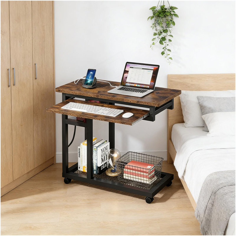 Table d'appoint avec roulettes, table mobile en C durable, bureau étroit, station de charge pratique