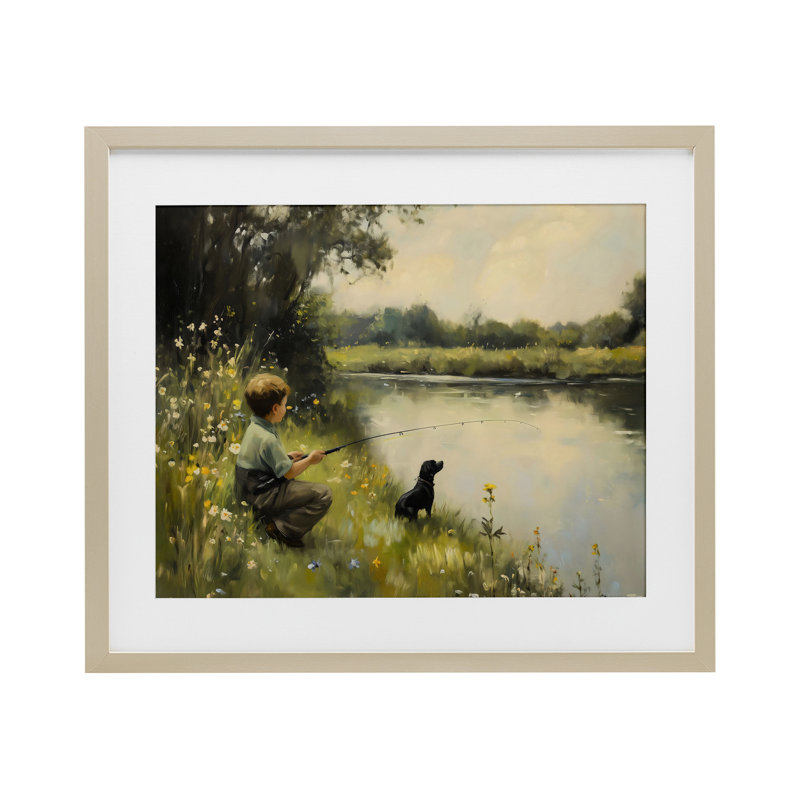 «Boy & Puppy Fishing», reproduction encadrée sous verre, design par Arlington Prints, H 17 po x l 21 po