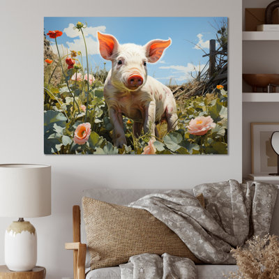 «Cute Pig jouant dans des fleurs I», reproduction d'art sur toile