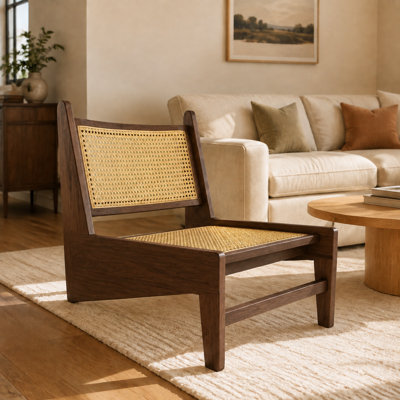 Fauteuil d'appoint en bois et en rotin, fauteuil lounge bas sans accoudoirs de salon