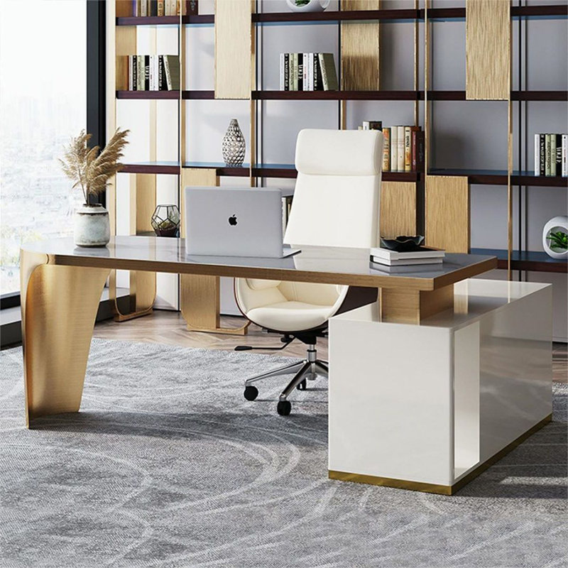 Beige-white + L-Shaped Sintered Stone + Manufactured Wood + Stainless Steel with 3 drawers Desk, Gold/Beige/White