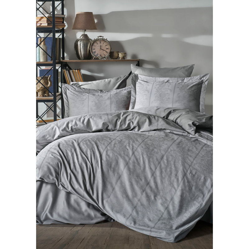 Cotton Satin Floral Duvet Cover, Grey