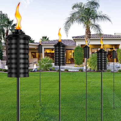6 Pack 59 Inch Metal Outdoor Torches, 16oz Citronella Garden Torches with 3-Prong Ground Stake for Patio Pathway Party Decor