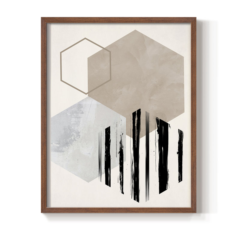 Impression hexagonale I, reproduction encadrée - bois massif, Noyer, H 30 po x l 24 po