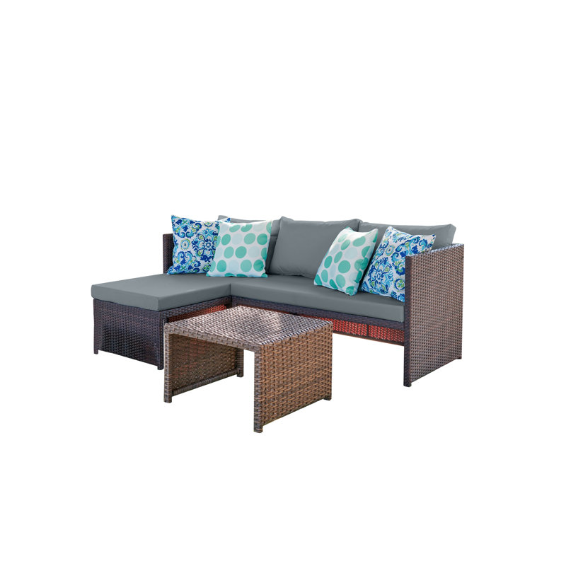 Ensemble de conversation modulaire pour patio 3 personnes avec coussins en polyester et table basse brun et gris Menton, Gris