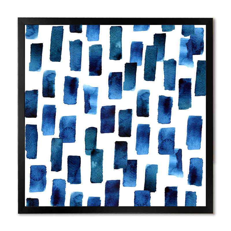 " Blue Paint Stripes Pattern " Painting Print, Black Picture Framed Canvas, 16" H x 16" W x 1" D