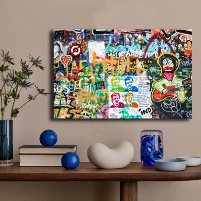 Prague John Lennon Wall Graffiti Pop Art Wooden Frame Canvas Print - 27.6" X 17.7"