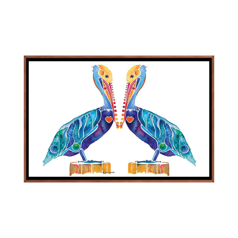 Pelican Seashore by Jo Lynch - Painting on Canvas, 101.6 cm H x 66.04 cm W, Classic Brown Wood Framed