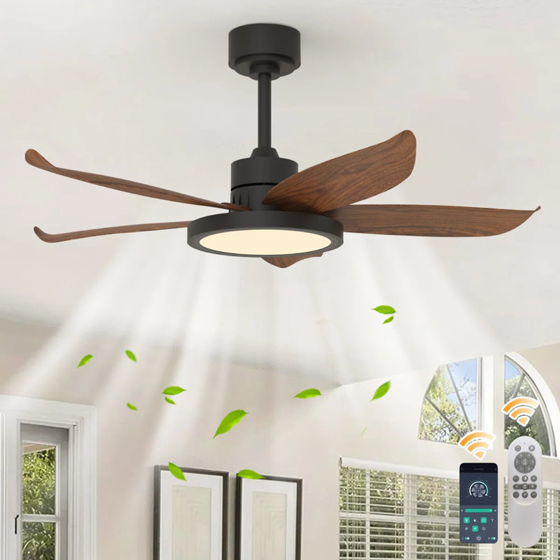 Ventilateur de plafond réversible à DEL à 5 pales de 42 po avec lumière et télécommande, Bois brun foncé