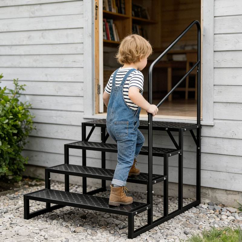 4 marches en aluminium pour véhicule récréatif à 4 marches avec main courante, escalier antidérapant portatif pour roulottes de voyage, spas et terrasses, capacité de 400 lb