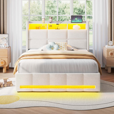 Base de lit rembourrée avec rangement à DEL avec lumières DEL et station de charge, lit plateforme, aucun sommier nécessaire