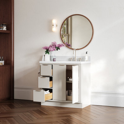 Koeninger 36 Inch Right Offset Single Rectangle Sink Bathroom Vanity with Carrara White Quartz Countertop 1.5 Inch in Warm White