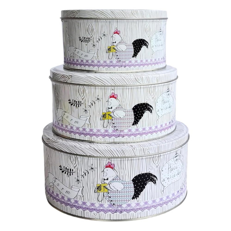 Pack Of 3 Stackable Round Metal Tin Containers With Lids – Multipurpose Tins For Storing Cookies, Candies, Kitchen Essentials, Stationery,Gif Box For Valentine Day – Rustic Farmhouse Rooster Design