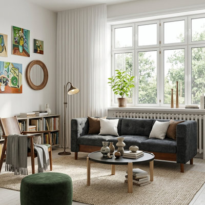 Canapé moderne 78 pouces à 3 places en chenille avec coussins de dossier capitonnés 78 pouces et pieds en bois naturel