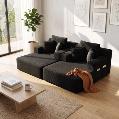 Unarepos Corduroy Oversized Double Chaise Lounge Sofa Bed with Storage Pockets