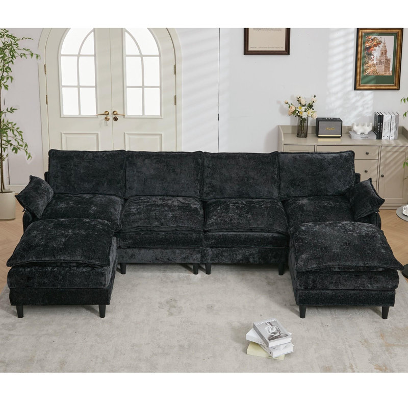 5 Seater Modular Chenille Sofa with Footstool, Beige Chenille