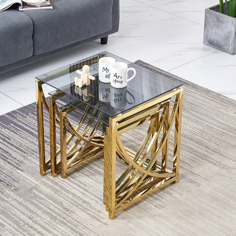 Darrie Stainless Steel Nesting Tables With Tempered Glass Top Set of 3 For Living Room (Curve), Gold/Black Grey