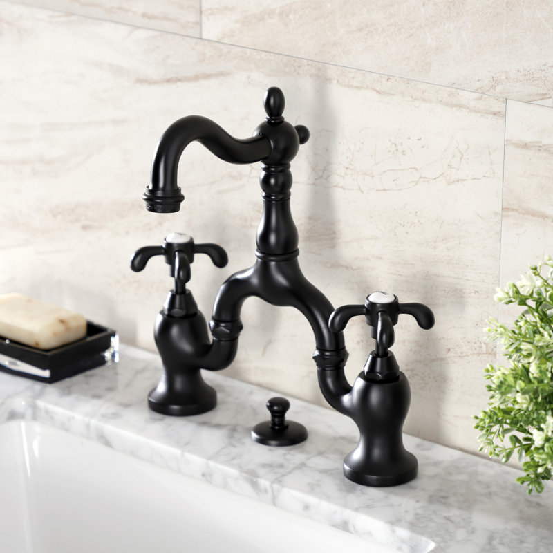 Kingston Brass French Country Two-Handle 3-Hole Deck Mount Bridge Bathroom Faucet with Brass Pop-Up, Matte Black