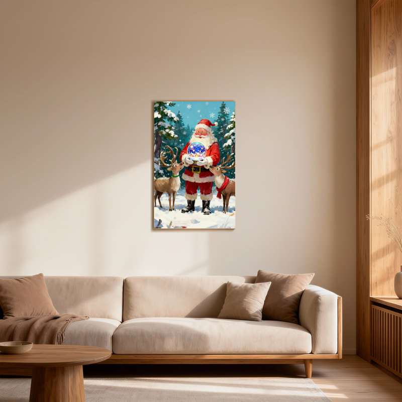 Père Noël tenant une boule à neige avec renne, H 18 po x l 12 po