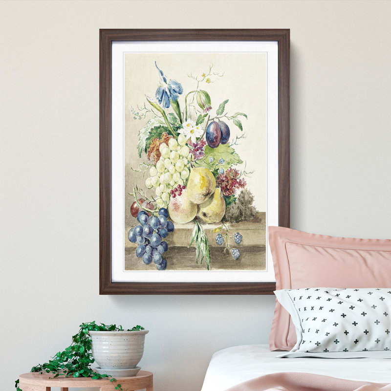 Still Life with Fruit & Flowers by Jean Bernard - Picture Frame Painting Print, Walnut Framed, 36cm H x 27cm W x 2cm D