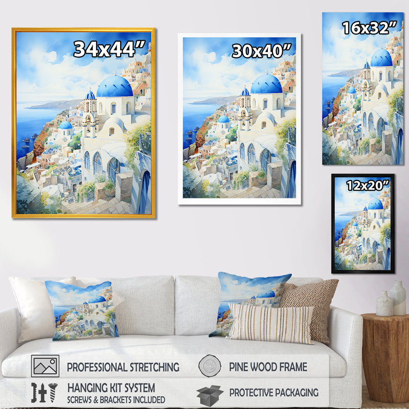 «Blue and White Santoriniisles I», art mural Grèce, Toile tendue, H 44 po x l 34 po x P 1,5 po
