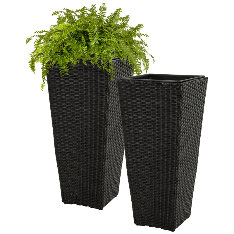 Saige Square Black Polyrattan Outdoor Planter Set with Liner - 24" H, 24" H x 11" W x 11" D