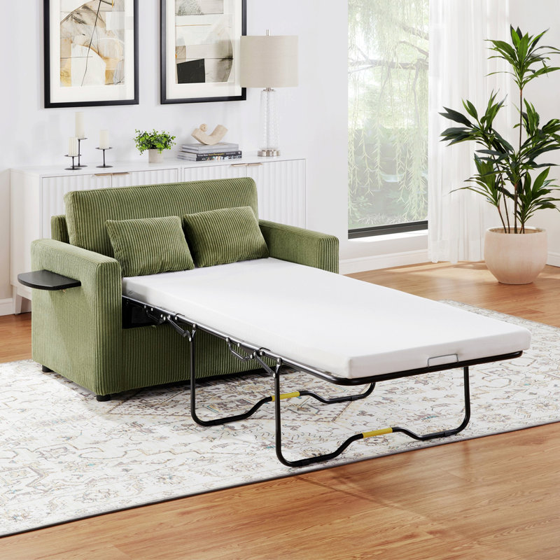 Canapé-lit avec matelas pliable, causeuse avec table d'appoint pliable et deux ports USB pour le salon, Vert
