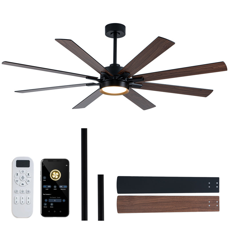 65 in. 8-Blade Black / Walnut Brown Ceiling Fan with LED Light, Remote and APP Control, Two-Toned Blade, DC Motor