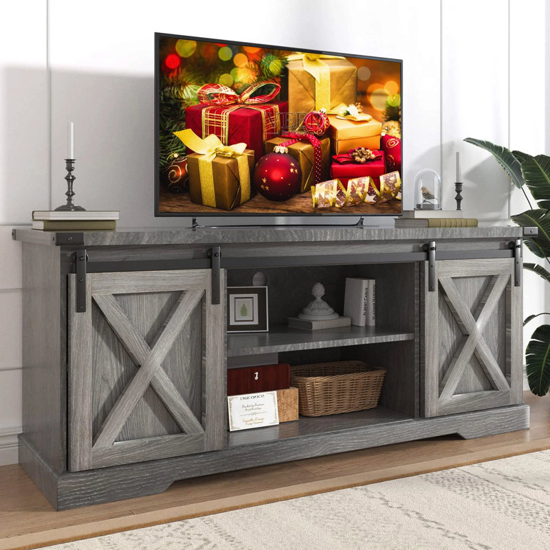 Meuble télé 58 po pour téléviseur de 65 po avec porte de grange coulissante, centre de divertissement en bois rustique et grand meuble multimédia pour salon