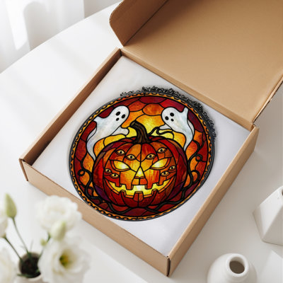 12"H Pumpkin Ghost Stained Glass Window Panel