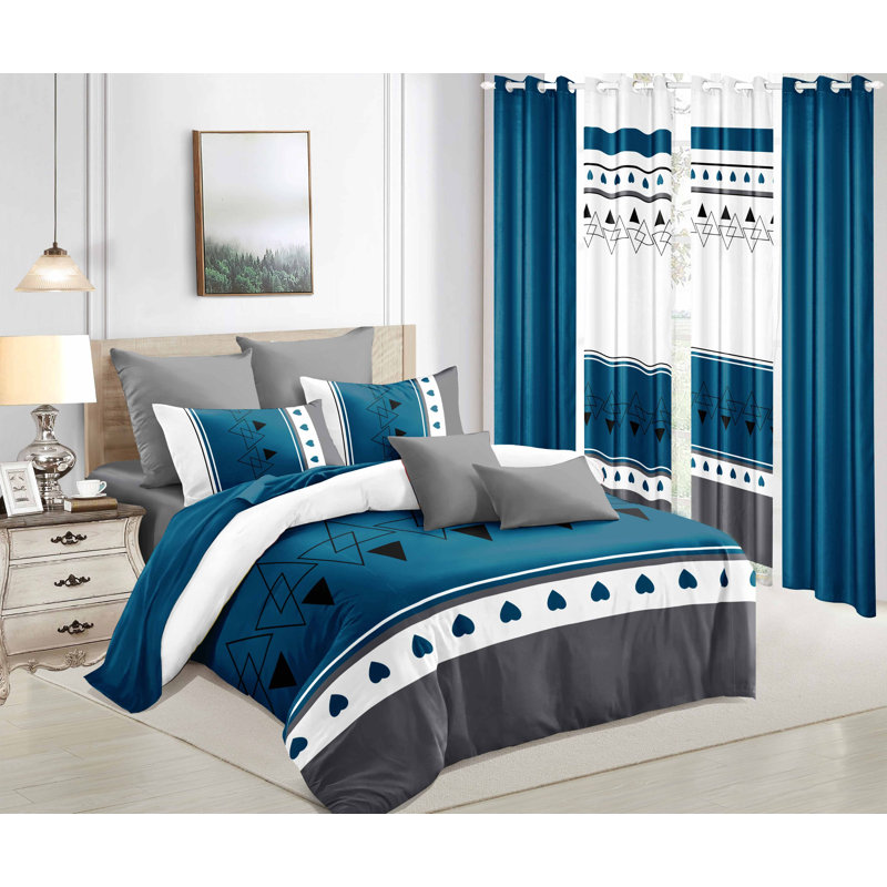 9pcs Quilt Bedding Set Blue Stripe Bedspread King Size for Bedroom, Lightweight Comforter with 2 Pillow Shams, 6 Matching Curtains 90x100In