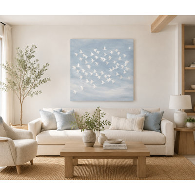 Sky Bird Flock Wrapped Canvas Wall Art | Blue & White Nature Wall Decor | Gallery Wrapped Canvas Print Ready to Hang