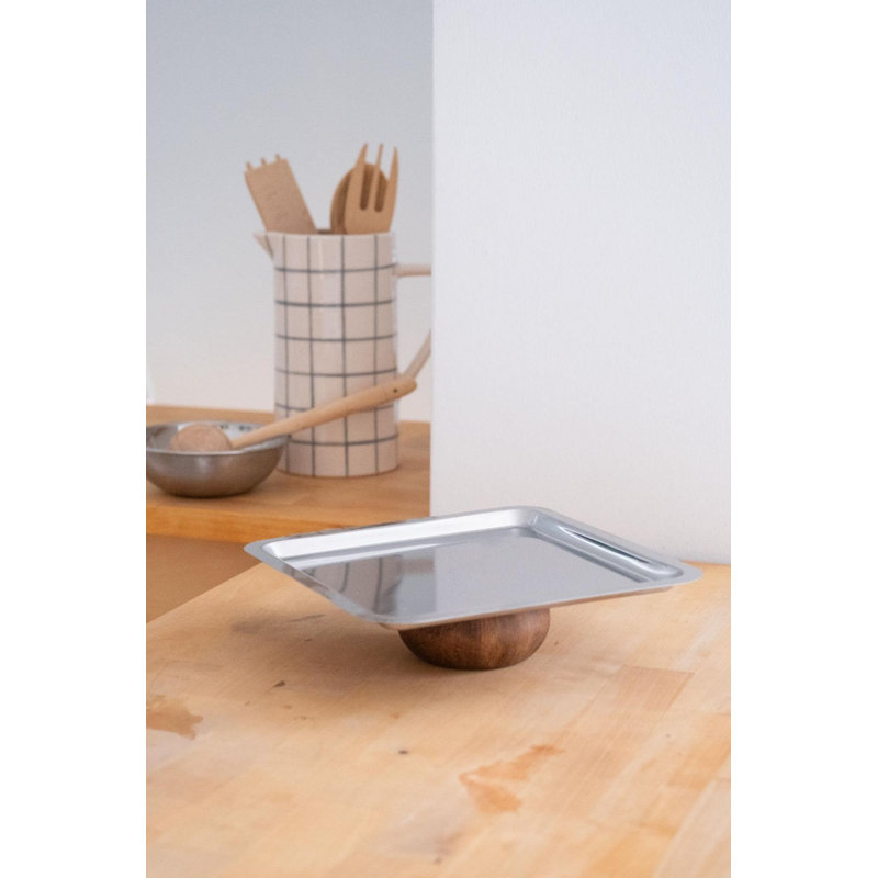 Premium Stainless Steel Serving Tray with Wooden Base, 9.1 x 9.1 x 2.0 inches | 100% Durable Stainless Steel, Elegant Silver Finish | Ideal for Entertaining, Stylish Home Decor, and Kitchen Use