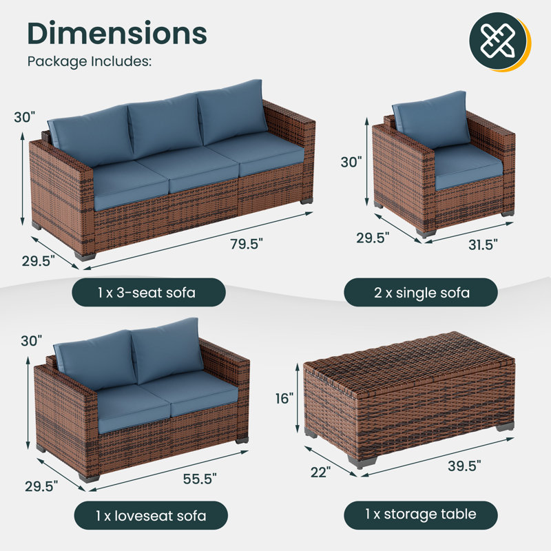 Azoriah 7 -  Person Oversized Armrest Outdoor Sectional Furniture Rattan Sets w/Storage Table, Navy Blue