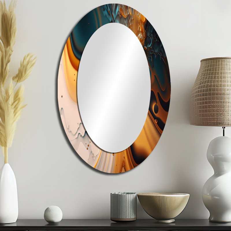 Abstractions fluides jaunes et vertes I - décor de miroir mural ovale jaune, 36 po x 24 po