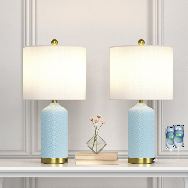 Lampe de table en céramique et en métal 22 "H avec ports USB, Bleu