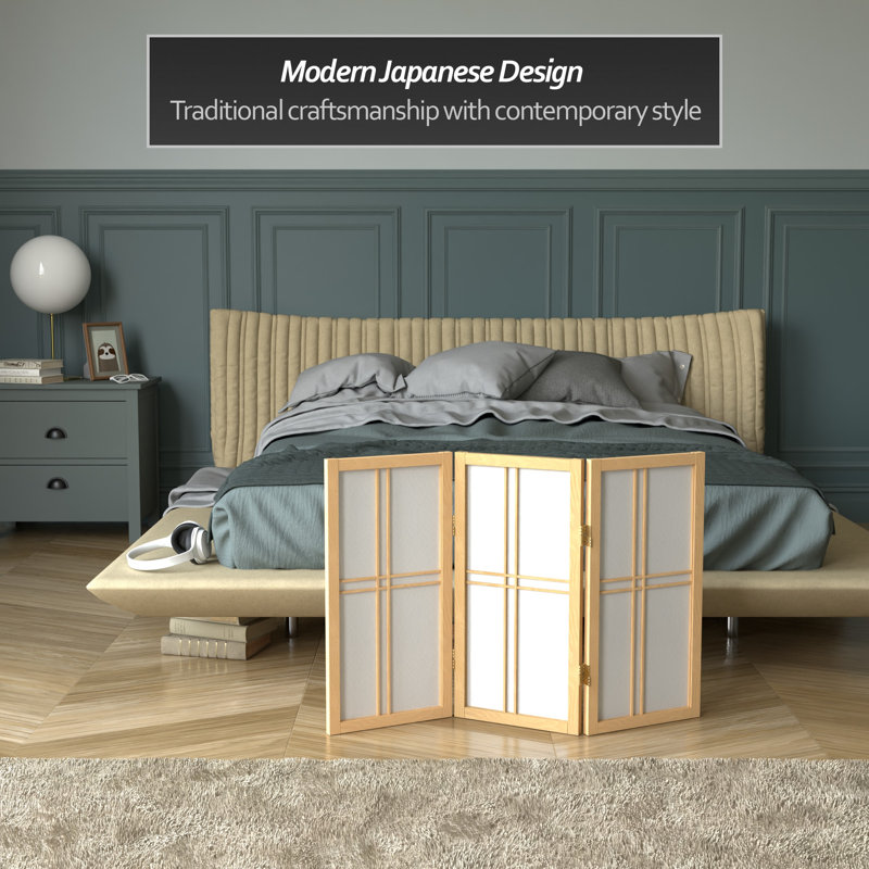 26" Desktop Double Cross Shoji Screen 4 Panel Room Divider, Natural, 3