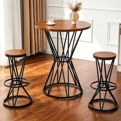 31.5In Coffee Table With 2 Chairs, Circular Bar Table With Black Metal Frame, Kitchen Coffee Table With Wood Grain MDF Tabletop, Walnut Color