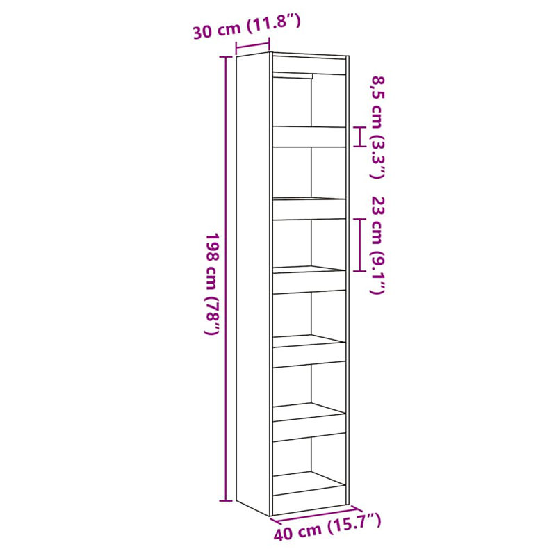 Garneta Bookcase, (4 Shelves) 198cmH x 40cmW x 30cmD, Old Wood