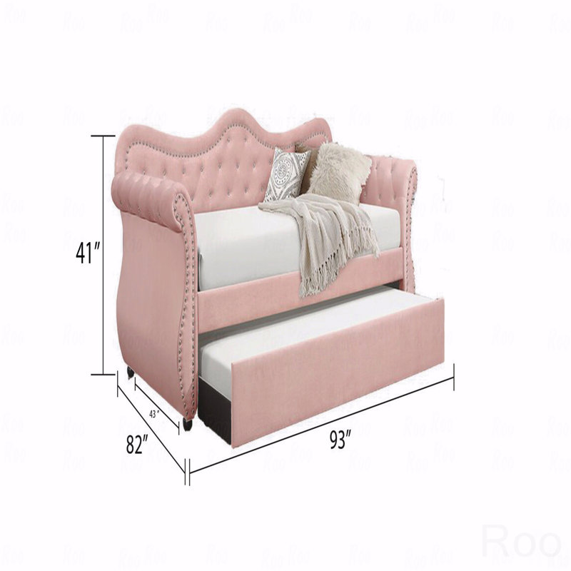 Upholstered Daybed, Modern Style Velvet Wood Trundle Daybed, Pink