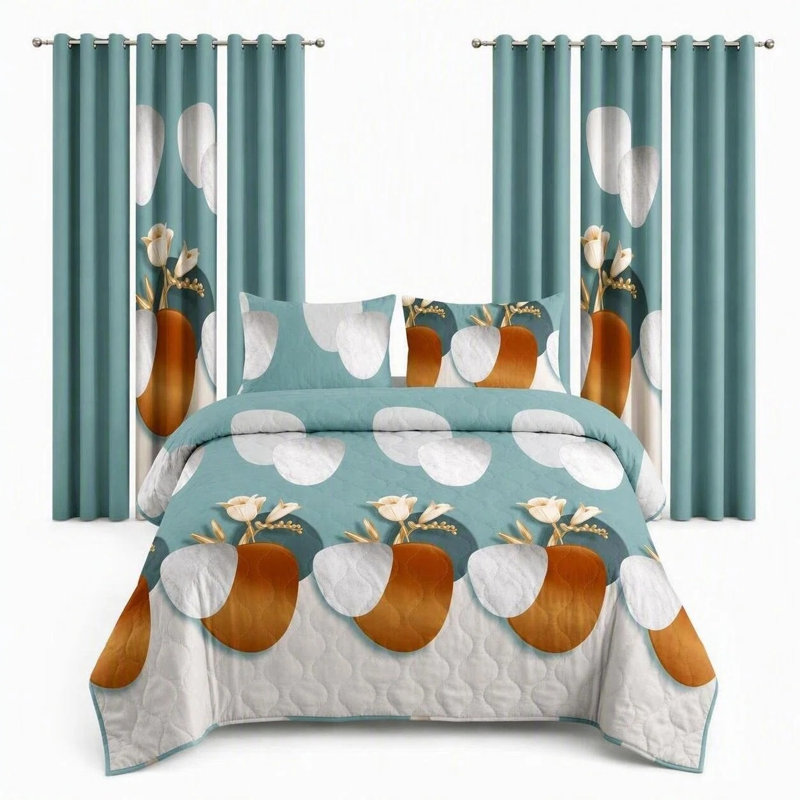 Twin Size 9-Piece Teal & Gold Floral Vase Bedding & Curtain Set - Quilted Microfiber Bedspread + Sheer Drapes