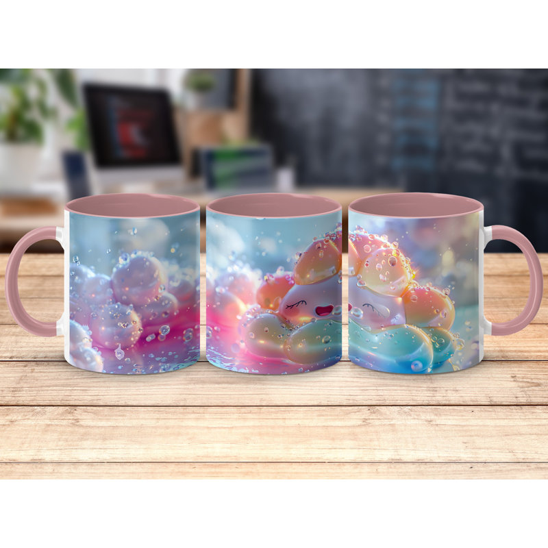 Set of 2 3D Design 11oz Accent Mugs – Ceramic Coffee Cups with a Pink Handle and Interior