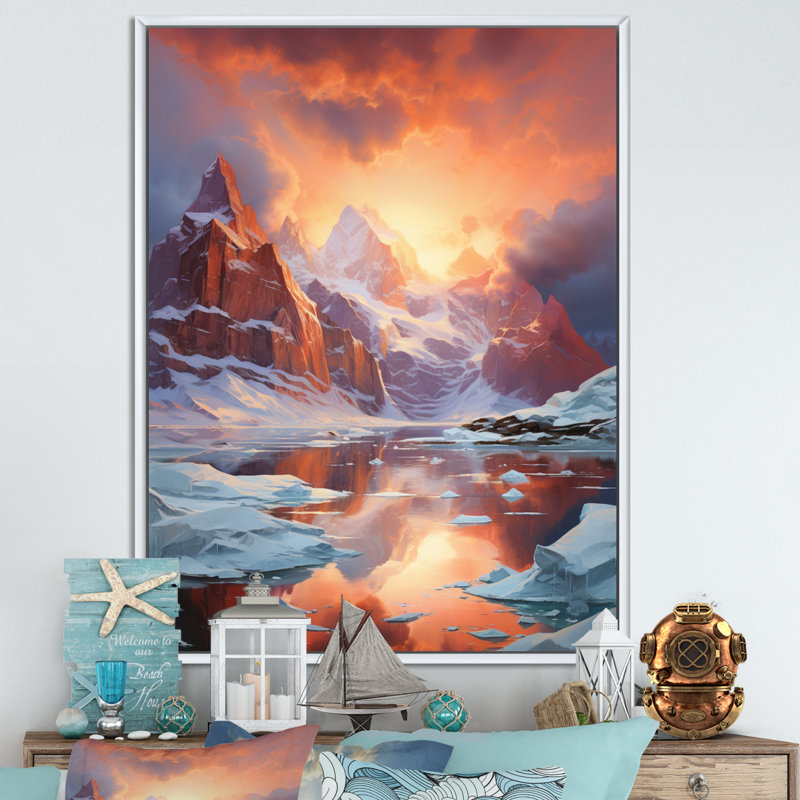 «Coral Orange Iceberg Glacial Symphony II», reproduction sur toile, H 44 po x l 34 po x P 1,5 po, Cadre flottant blanc