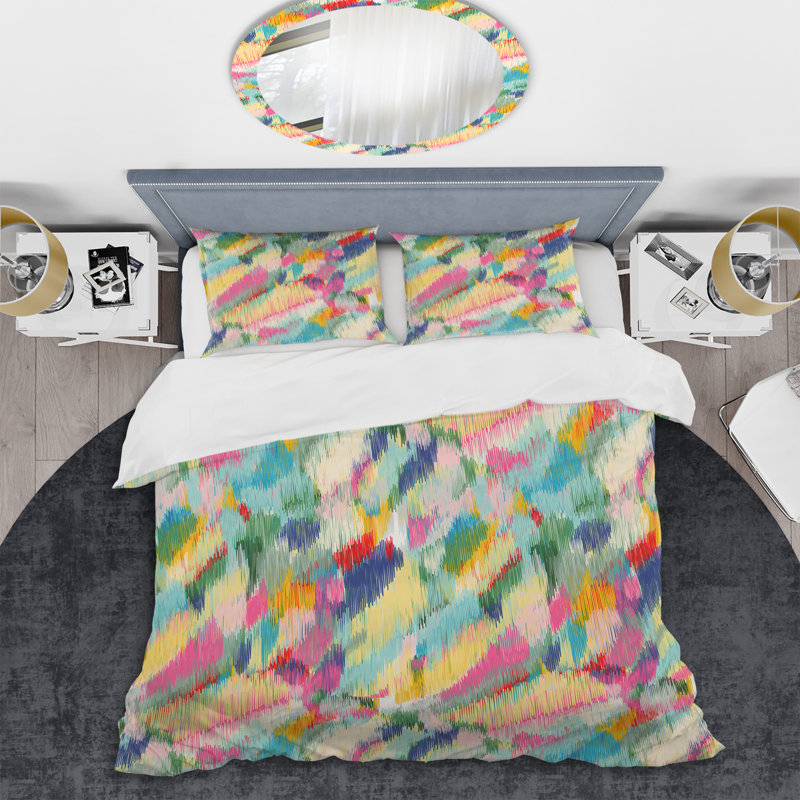 Multicolore Ikat Ogee - Ensemble de housse de couette abstrait - Microfibre de polyester