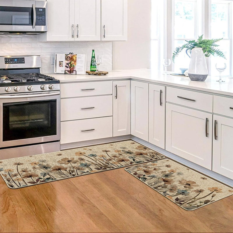 Tapis de cuisine - brun, feuilles à motif floral coquelicot, ensemble de 2 tables de printemps