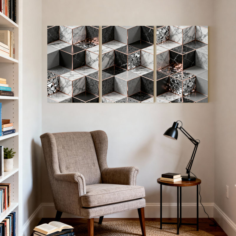 Marbre cube motif géométrique sur toile tendue, ensemble de 3 reproductions de peintures à l'huile, H 18 po x l 36 po