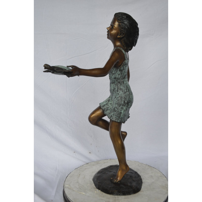 Copper and Metal Girl Holding Turtle Fountain