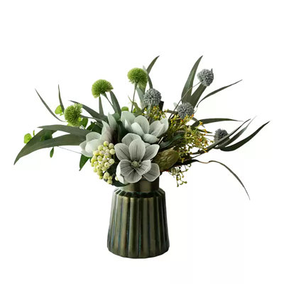 Artificial Flowers In Vase, Faux Magnolia Arrangement With Bronze Fluted Ceramic Vase, Fake Floral Centerpiece With Greenery For Dining Table, Living Room Decor