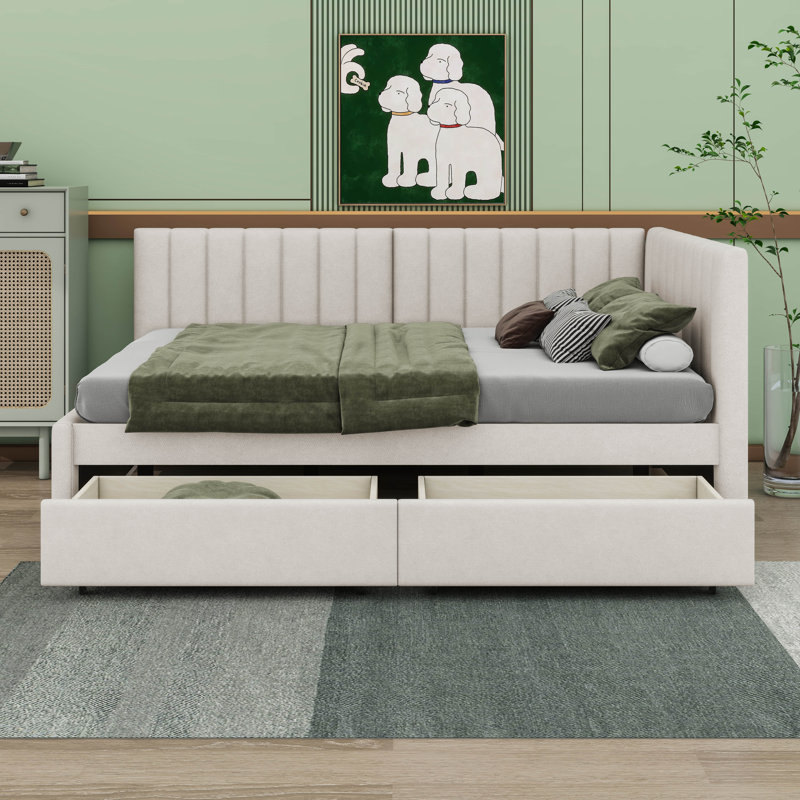 Cathaline Full Size Upholstered Daybed with 2 Storage Drawers Sofa Bed Frame, Beige